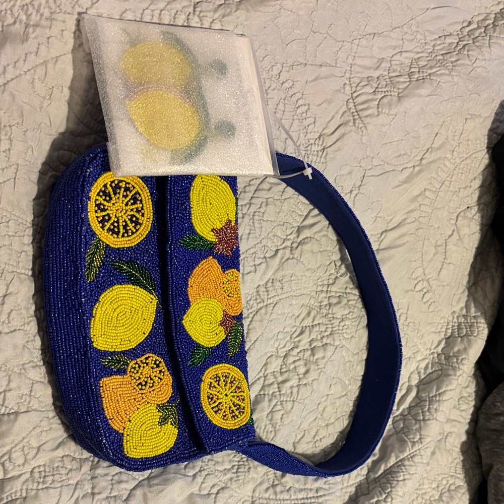 America and Beyond Blue Beaded Lemon Design Women's Bag and Earrings.  NWT